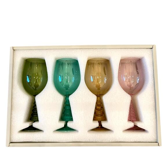 Neiman Marcus Multicolor Christmas Tree Wine Glass Set of 4 in Holiday Gift Box - Picture 4 of 9